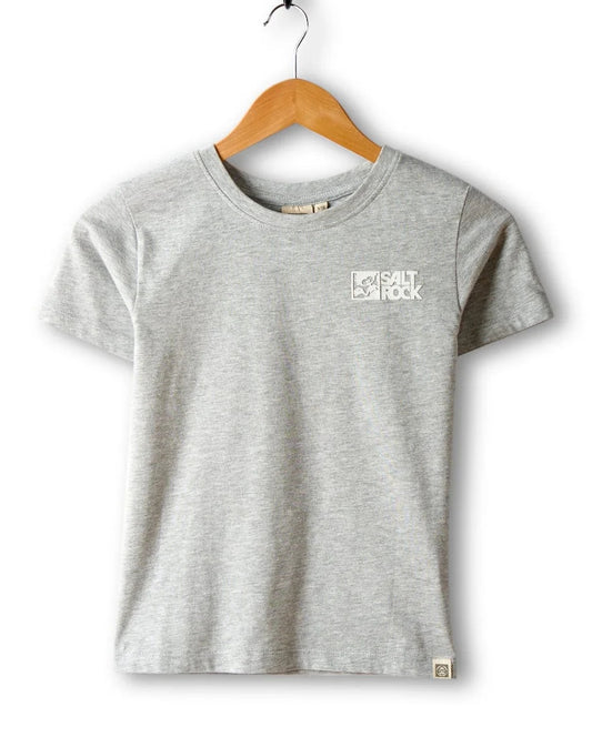 Saltrock kids short sleeve tee Grey with logo on chest hanging on wooden hanger