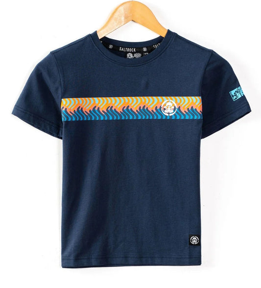 Saltrock kids stripe tee blue in navy with orange and light blue wave pattern stripe