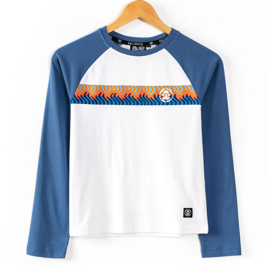 Long sleeve Saltrock Wave Stripe kids t-shirt with blue and white design on a hanger against a white background