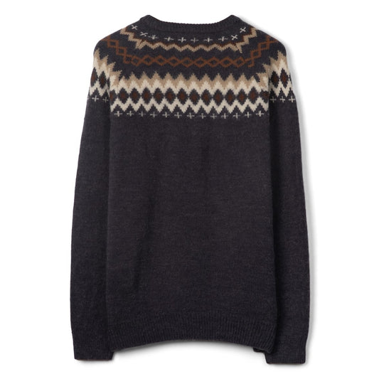 Back view of a mens Saltrock Fairisle Rock crew neck knitted jumper in blue with a geometric Fairisle style pattern across the chest and shoulders.