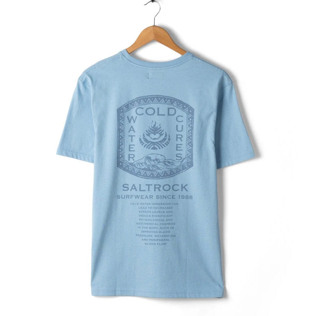 Light blue t-shirt with 'Cold Water Cures' and 'Saltrock' text on a hanger against a white background