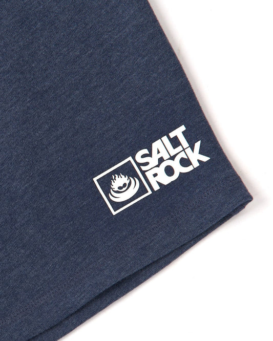 Close-up view of a printed logo on men's Original essential sweat shorts in Blue Marl from Saltrock.