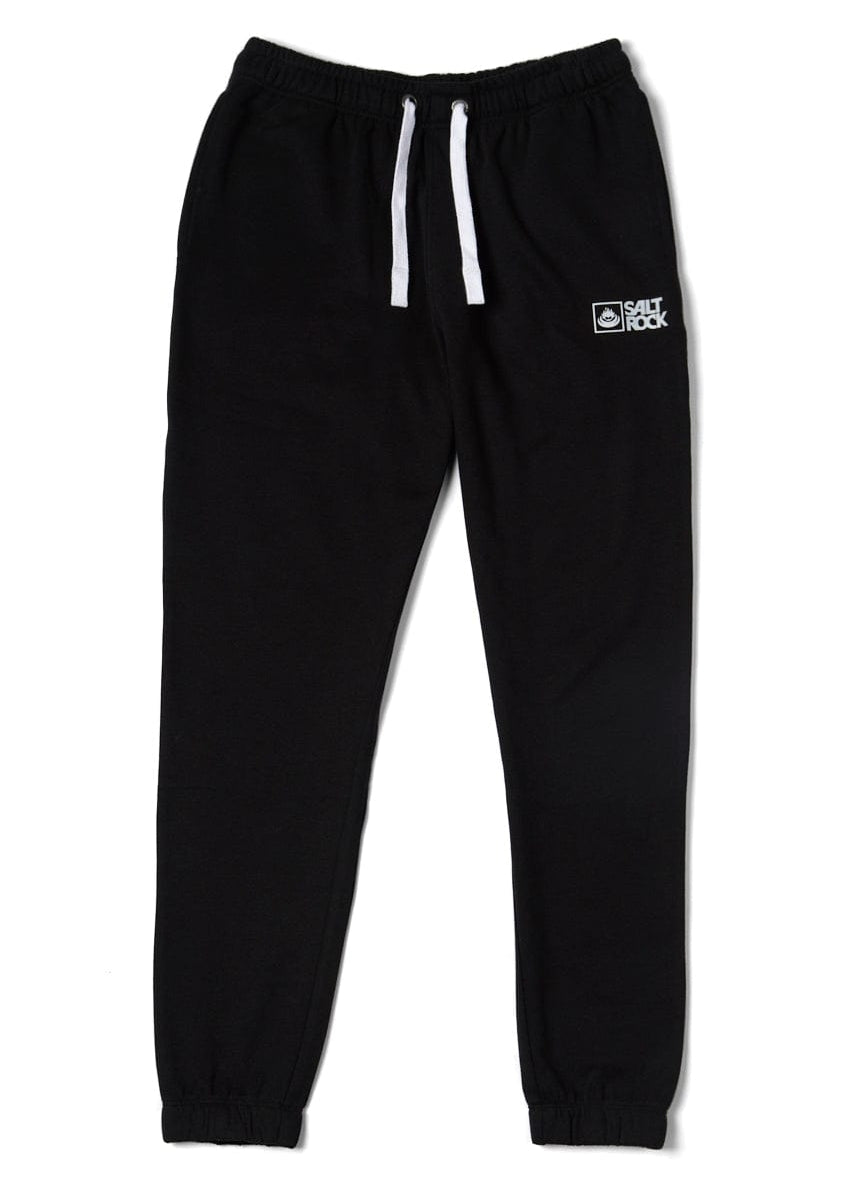 Front view of Saltrock mens black original jogger sweat trousers with white drawstring on a white background.