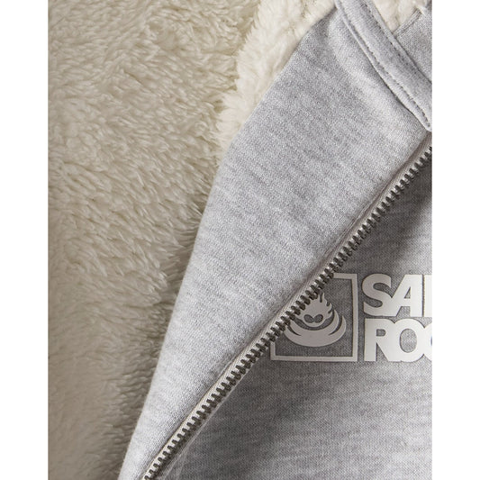 Close-up of a grey faux fur lined Saltrock hoodie with a zipper and visible brand logo on a neutral background.