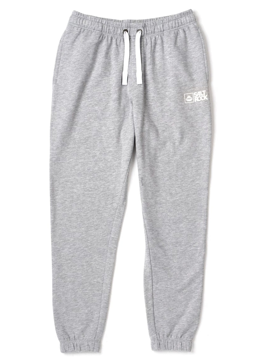 Front view of a pair of mens Saltrock grey jogger sweat trousers with a drawstring waist on a white background