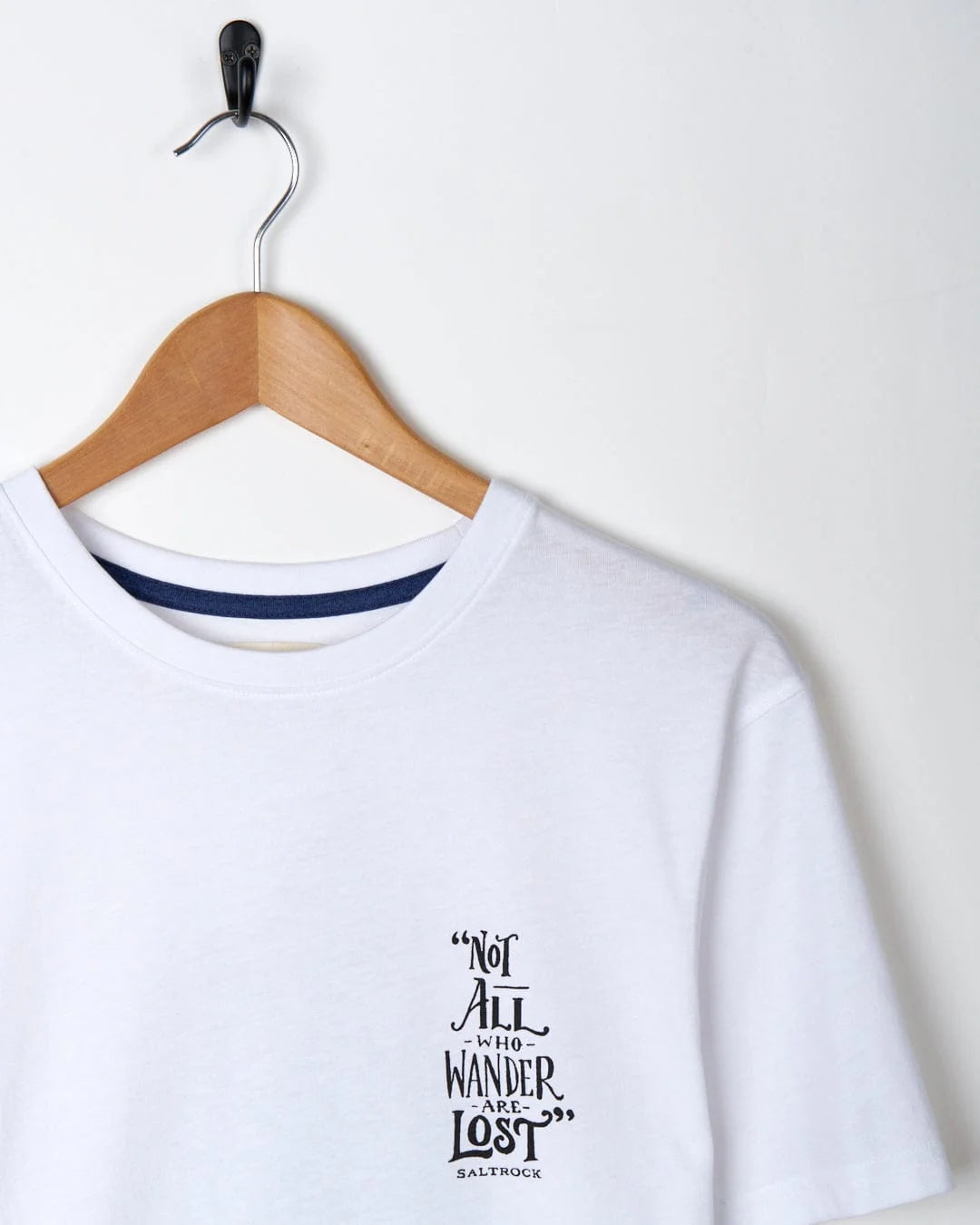 Saltrock mens lost ships tee white with black quote graphic and crew neck on wooden hanger