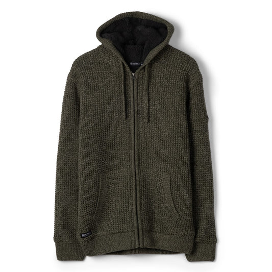 Front view of a Saltrock dark green Markus knitted hoodie with a fluffy navy Borg lining.