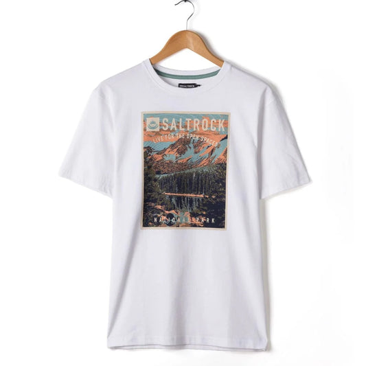 White Saltrock National Park t-shirt with a graphic design on a hanger against a white background