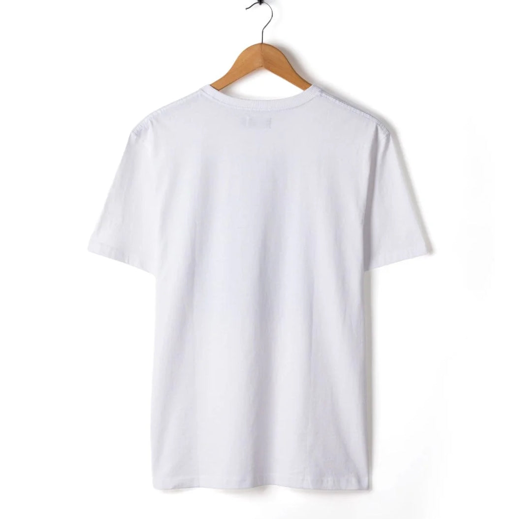 White t-shirt on a wooden hanger against a white background