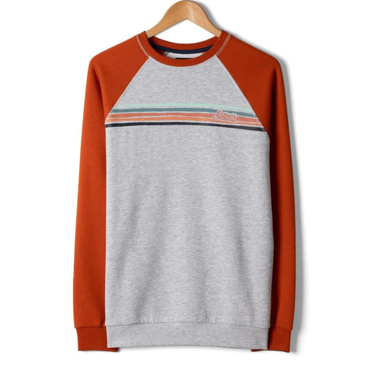 Grey and orange long-sleeve shirt on a hanger with a white background