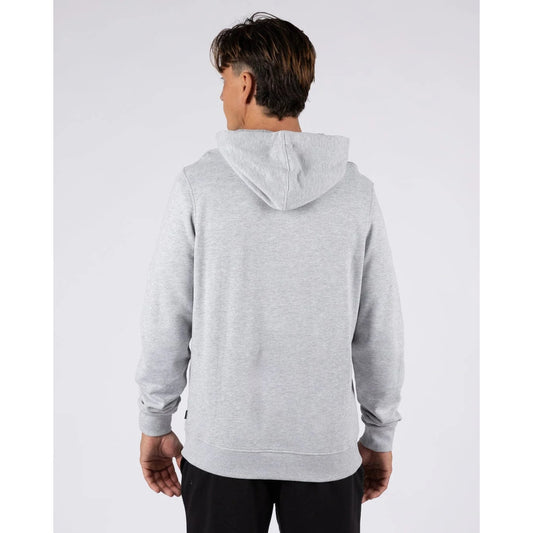 Back view of a man wearing a Saltrock grey Original pop hoodie on a white background