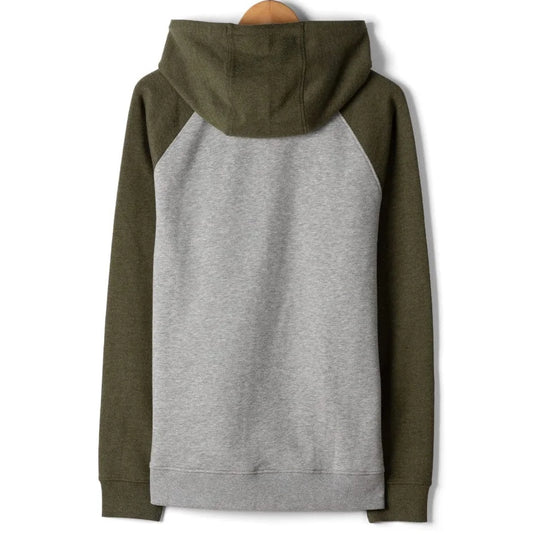 Back view of a mens Saltrock mens Pitcher pop hoodie in grey with dark green raglan sleeves and hood on a white background