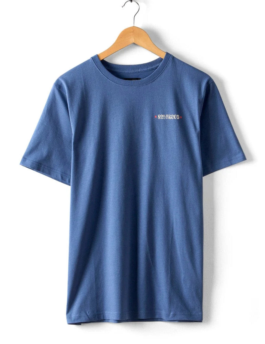 Saltrock mens t-shirt blue hanging on a hook with a simple design