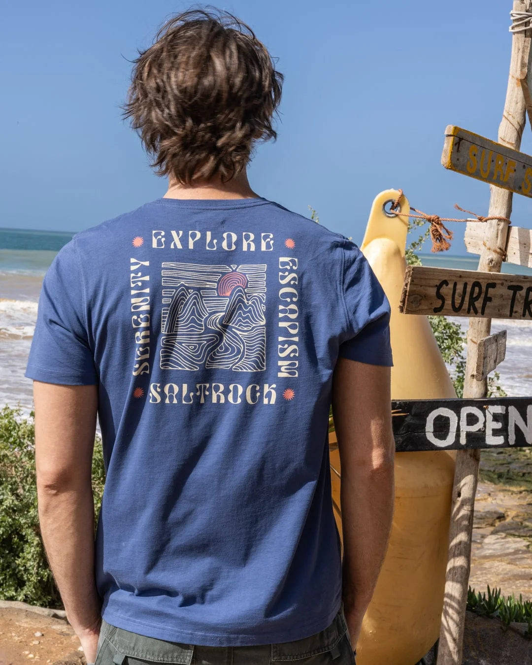 Saltrock mens t-shirt blue with graphic design on the back and surf style for casual wear