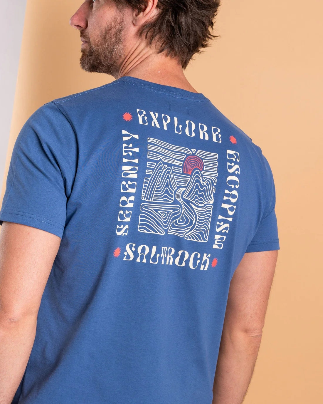 Saltrock mens t-shirt blue with graphic design featuring 'Explore Serenity' on the back