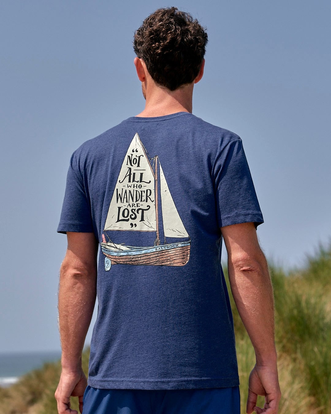 Saltrock mens tee lost ships navy blue t-shirt with sailboat and wanderer design on back