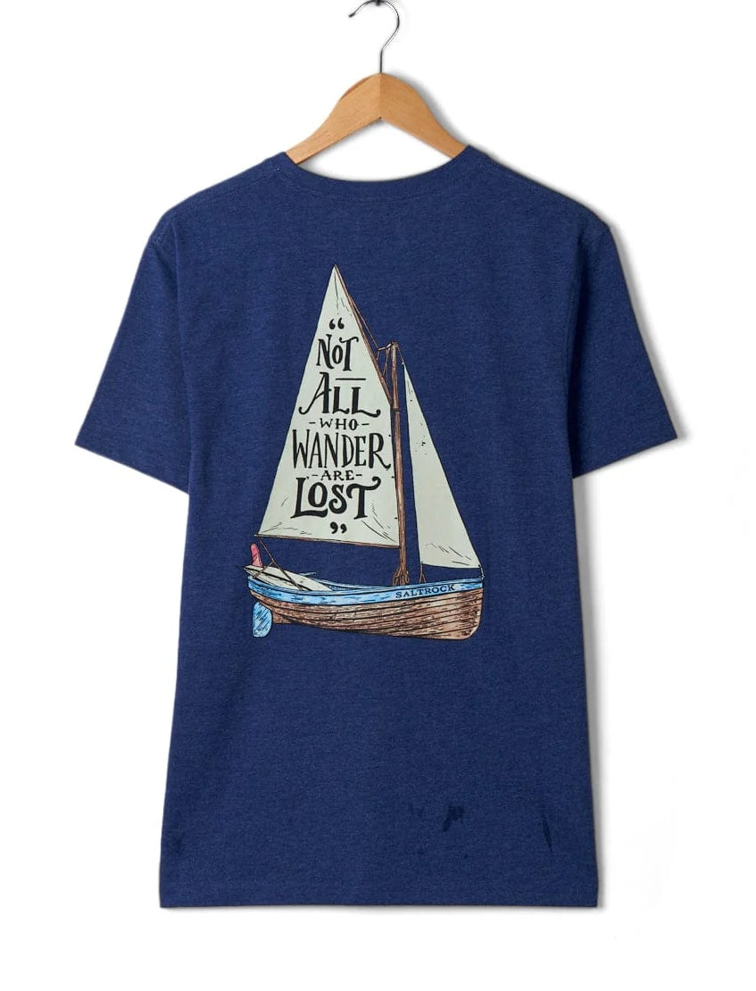 Saltrock mens tee lost ships navy blue t-shirt with sailboat and wander lost graphic print
