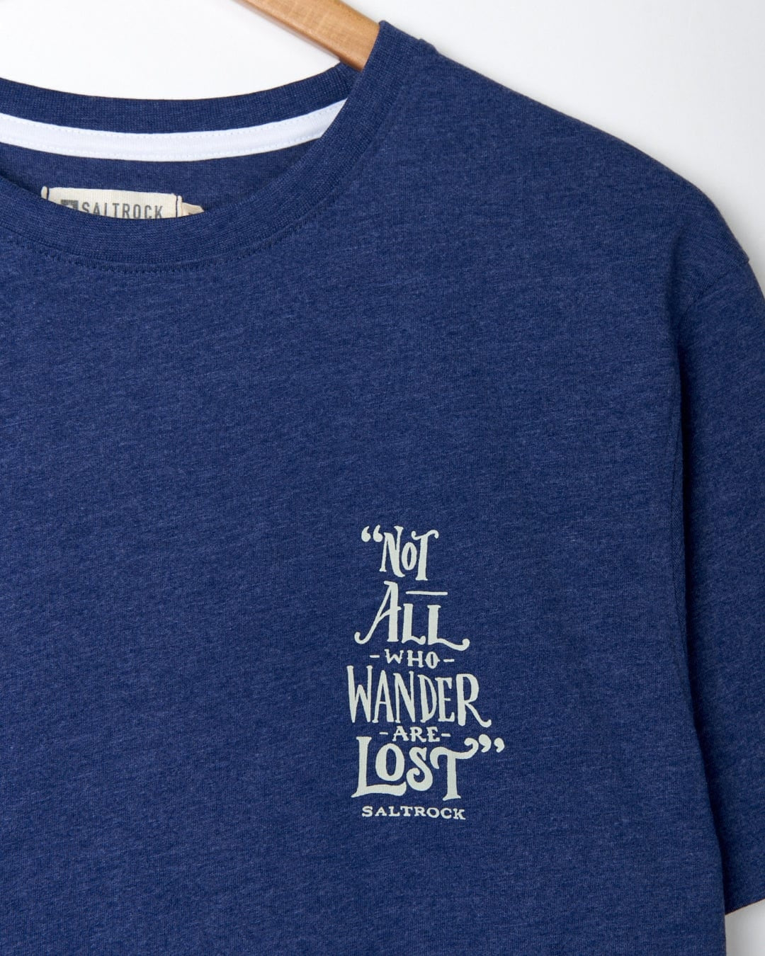 Saltrock mens tee lost ships navy blue with white wander quote graphic on chest