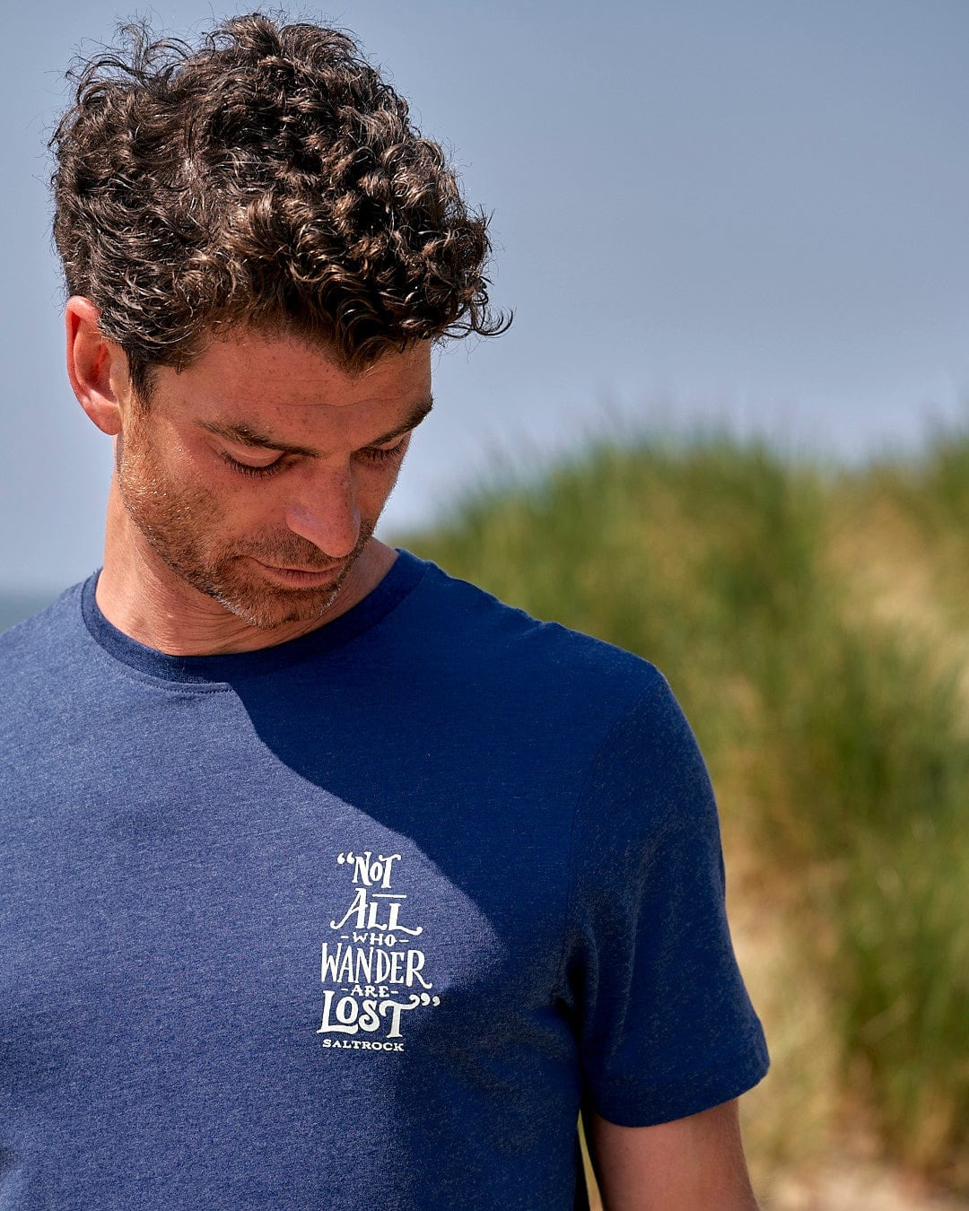 Saltrock mens tee lost ships navy blue t-shirt with white wander lost quote on chest