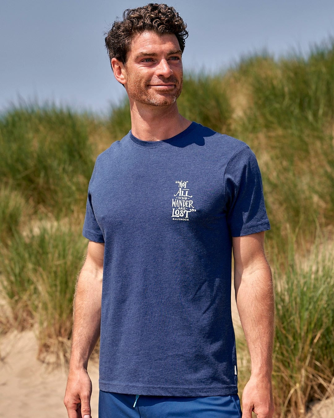Saltrock mens tee lost ships navy blue short sleeve t-shirt with small white chest graphic