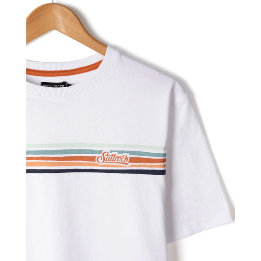 White t-shirt with colourful stripes and Saltrock logo on a hanger against a white background