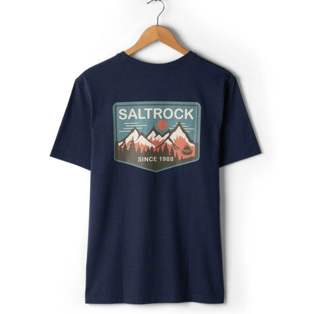 Navy blue t-shirt with 'Saltrock' logo on a wooden hanger against a white background