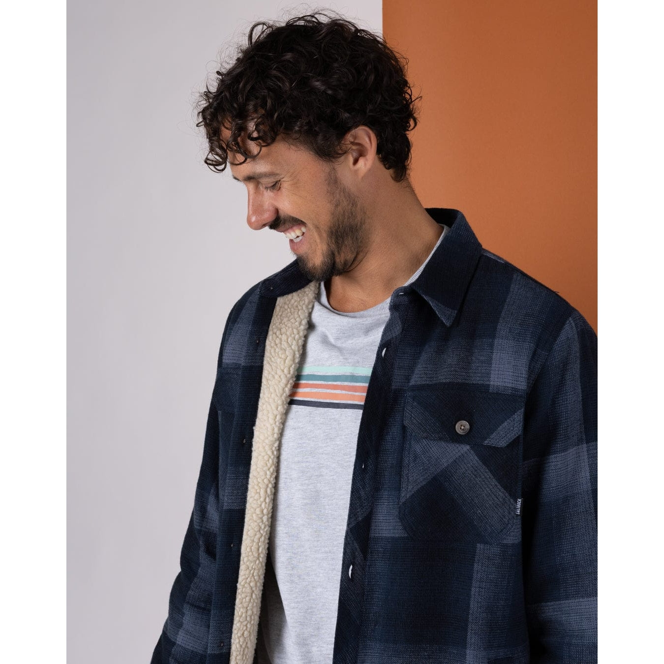Saltrock Mens Woody Sherpa Lined Check Shacket Blue