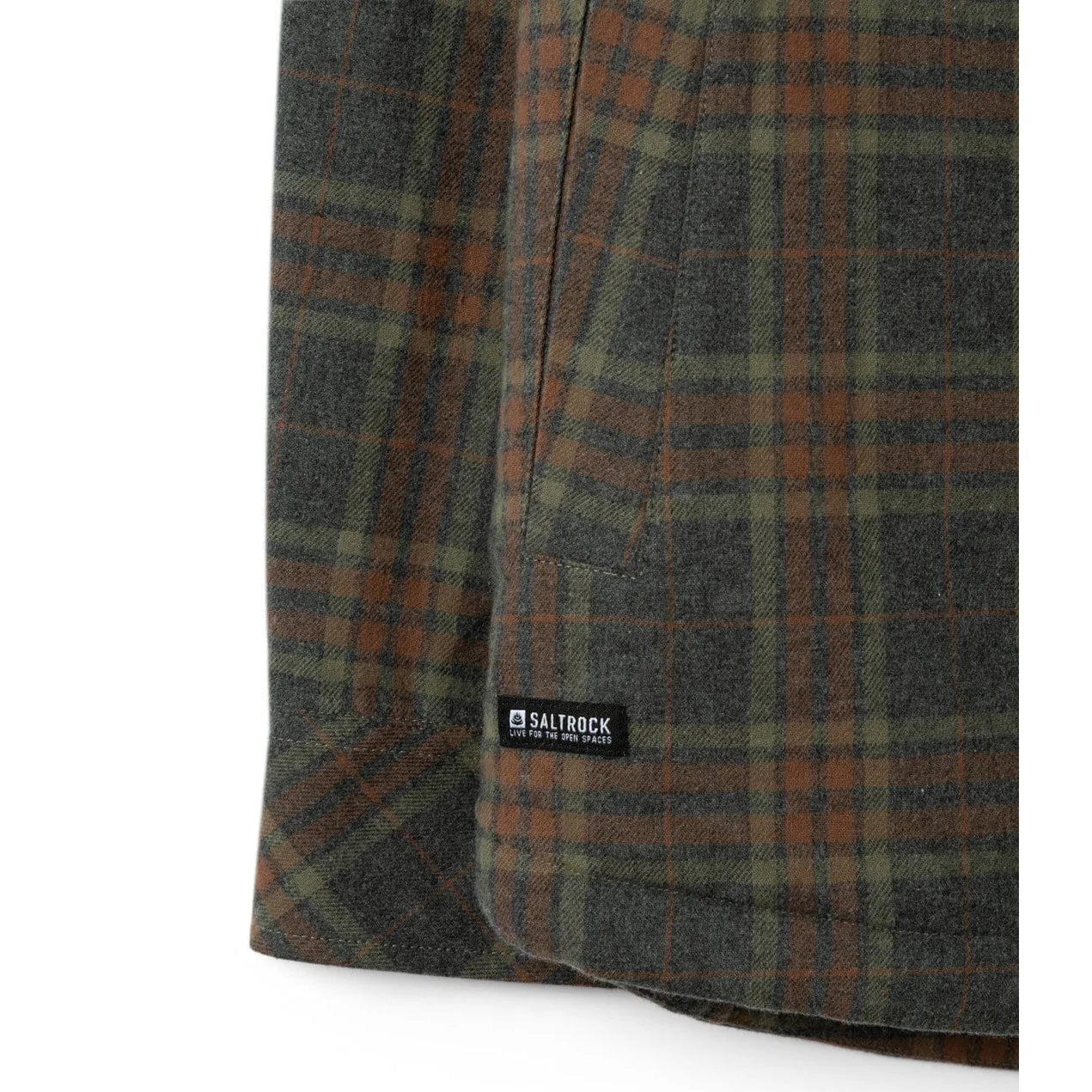 Grey check fabric with a visible Saltrock brand label on a white background