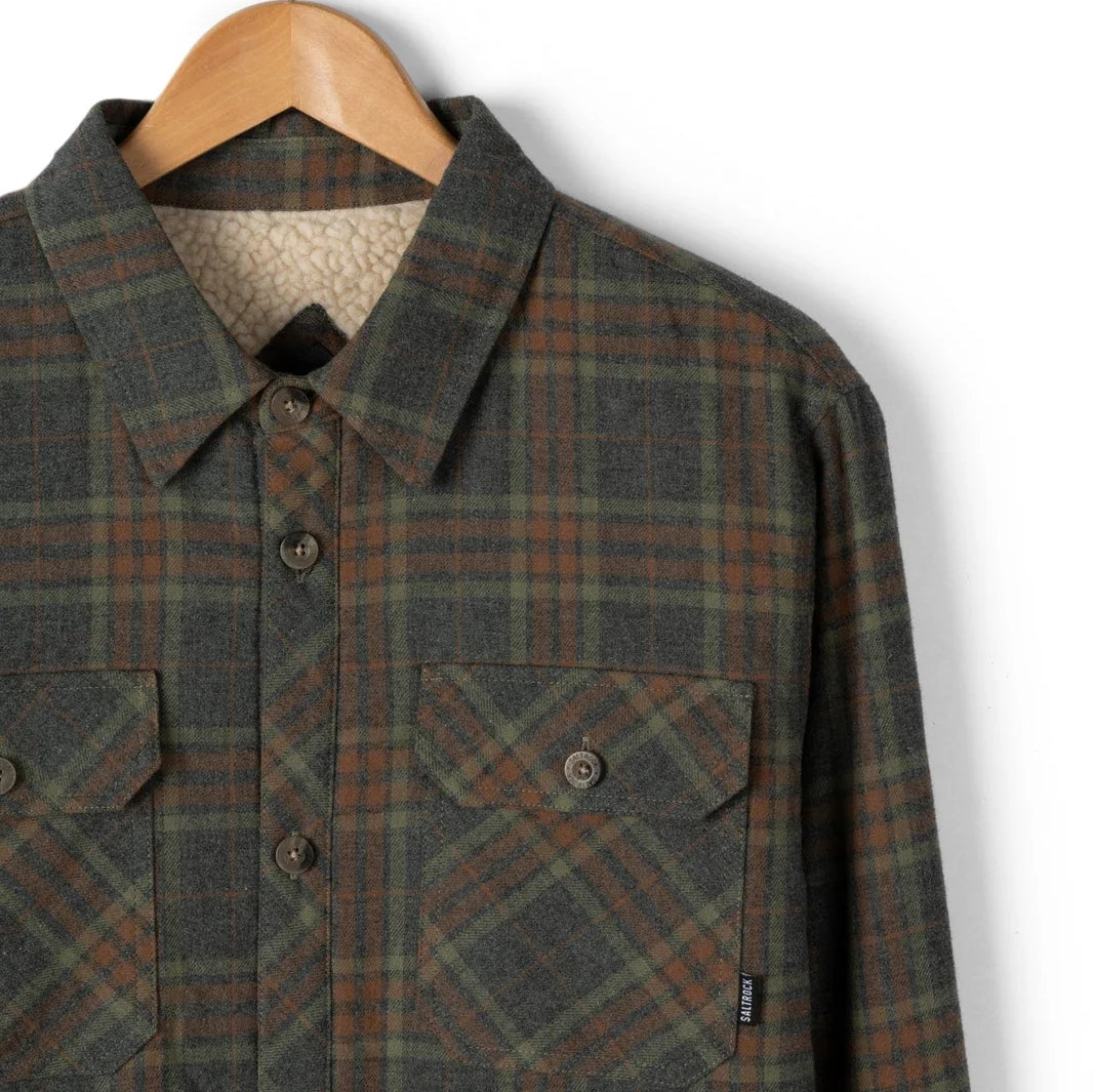 Saltrock mens Woody grey check sherpa lined shirt on a wooden hanger against a white background