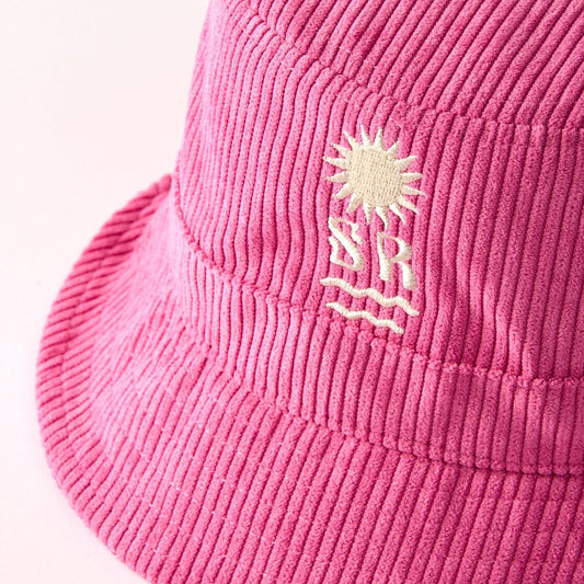 Saltrock pink corduroy bucket hat with embroidered sun and wave logo in cream color