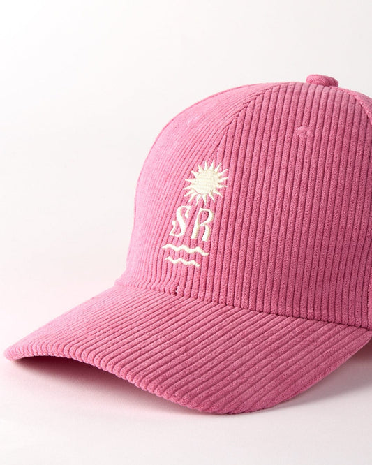 Saltrock pink corduroy cap with embroidered sun and wave logo on the front