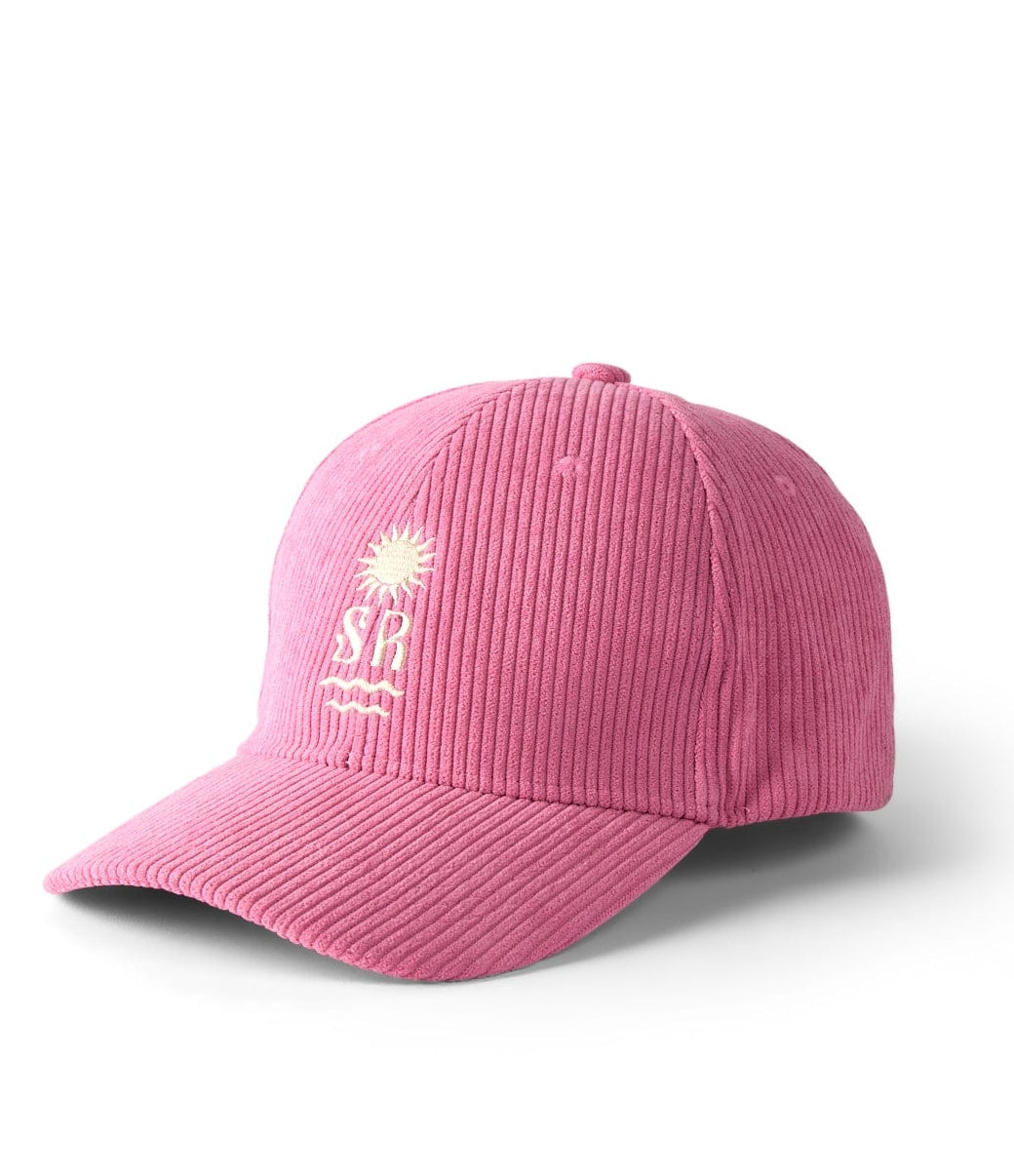 Saltrock pink corduroy cap with embroidered sun logo and curved brim for casual wear