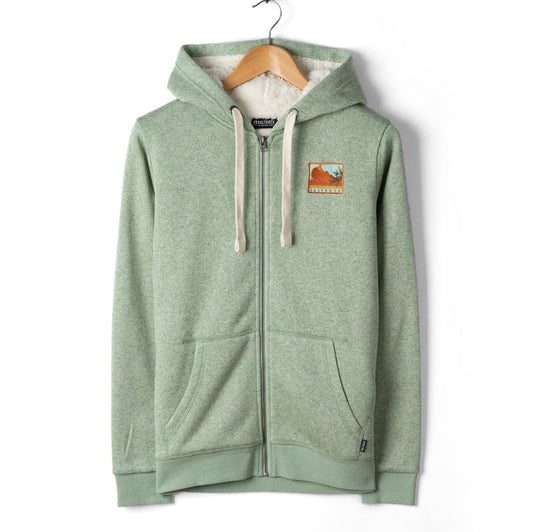 Green Saltrock womens Ayden hoodie with a logo on a hanger against a white background