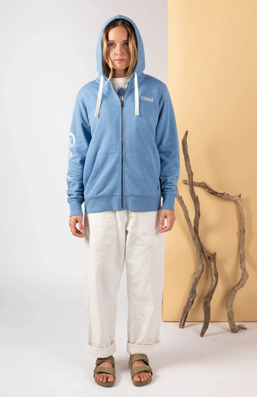 Saltrock womens blue lined hoodie with front zipper and white drawstrings worn by a model