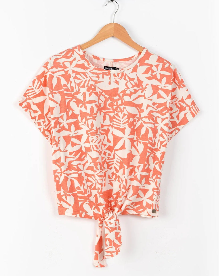Saltrock womens coral tee with a vibrant floral pattern and a stylish knot detail at the hem
