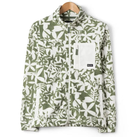 Front view of a womens Saltrock green floral patterned Balance zip through fleece on a hanger against a white background
