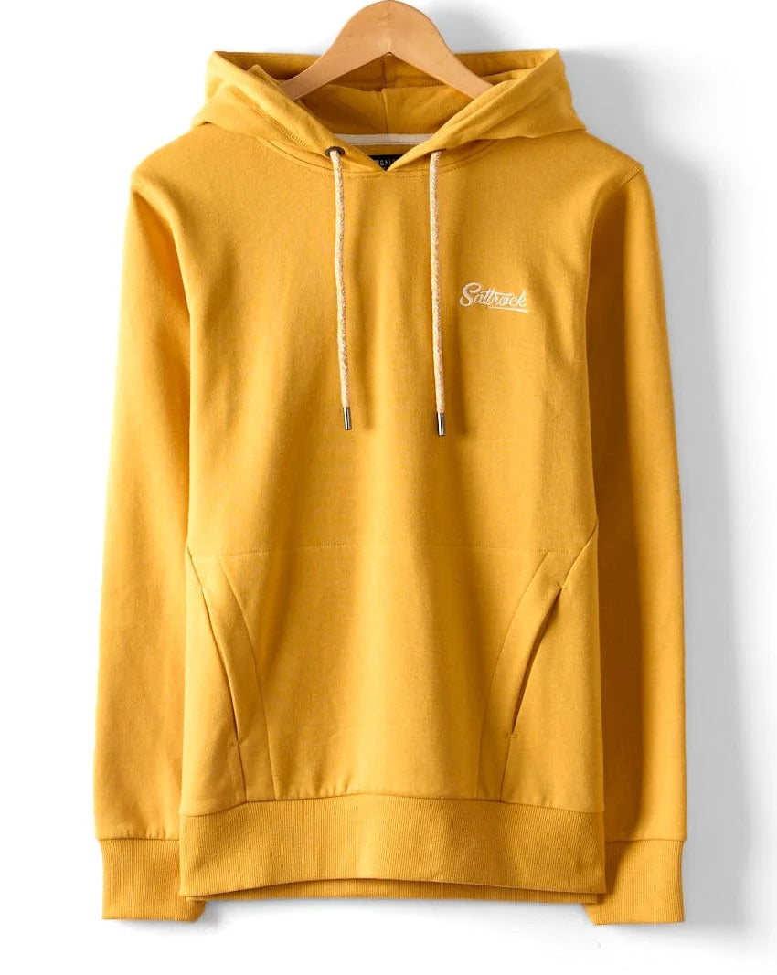Womens Gold Yellow Hoodie Saltrock with drawstring hood and front pockets hanging on wooden hanger