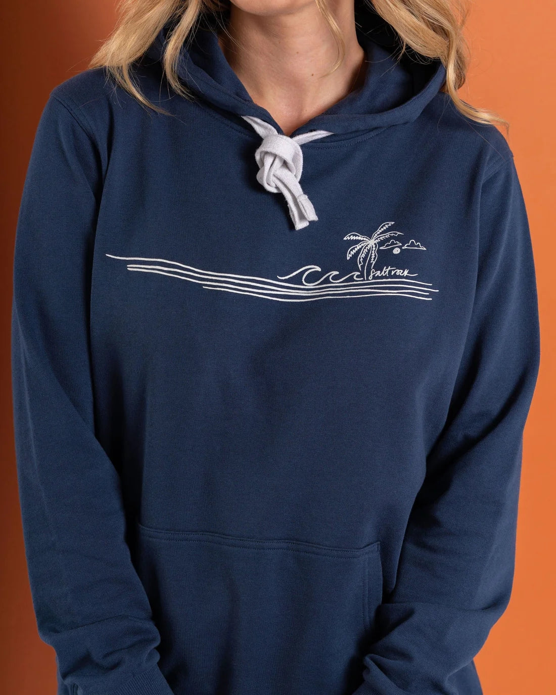 Saltrock womens hoodie in navy blue featuring a palm tree and wave graphic design