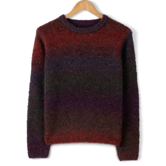 Front view of a womens Saltrock gradient knit Bowden dark purple and red crew neck jumper on a hanger against a white background