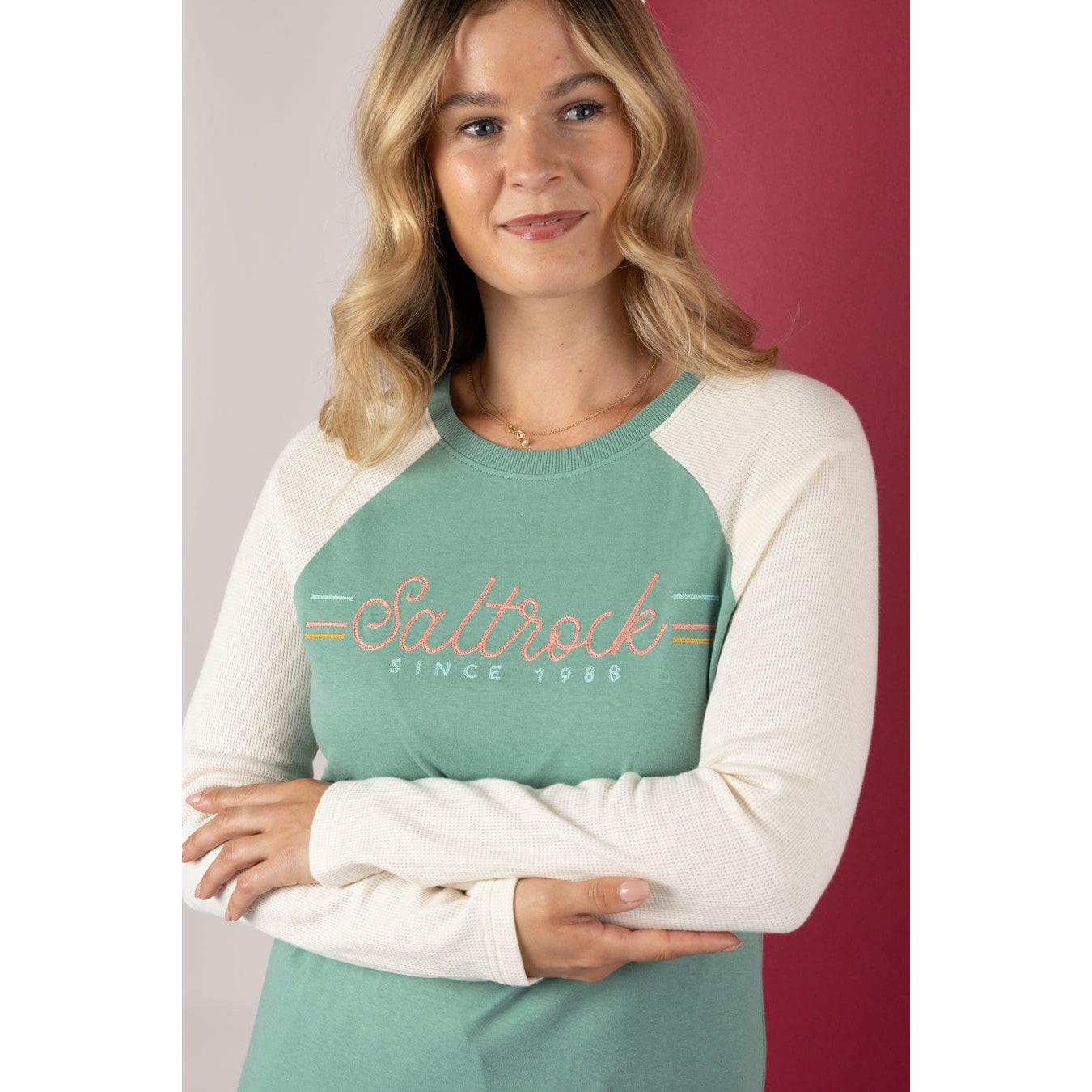 Saltrock Womens Links Waffle Long Sleeve T-Shirt Light Blue / Cream