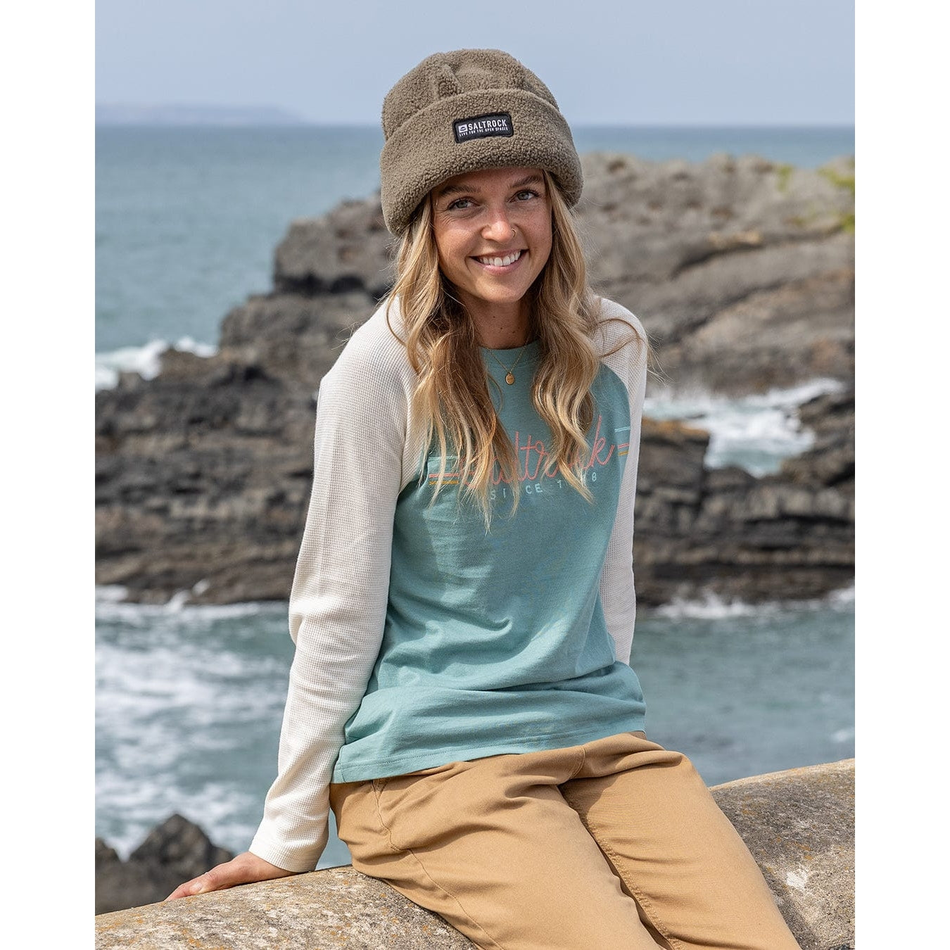 Saltrock Womens Links Waffle Long Sleeve T-Shirt Light Blue / Cream