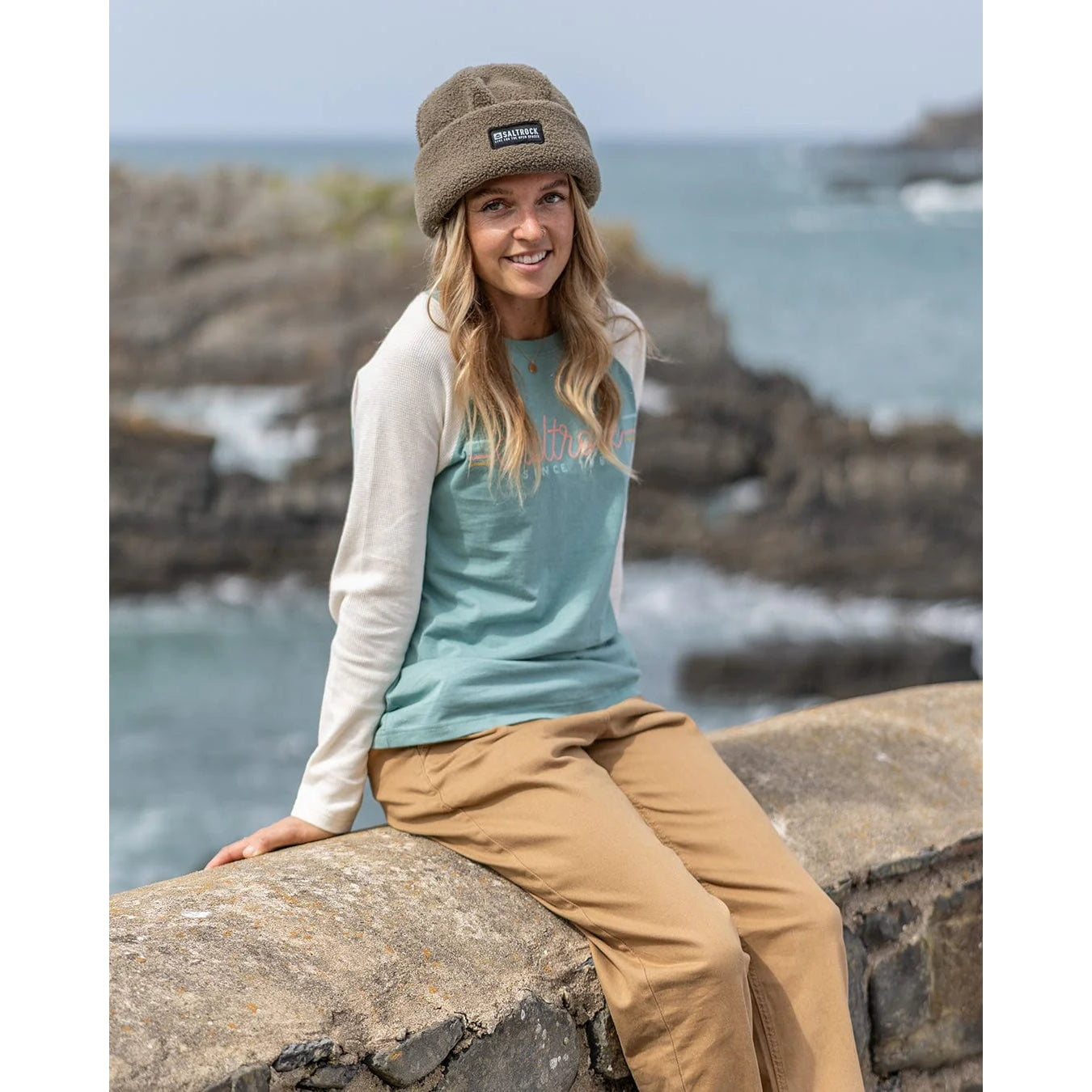 Saltrock Womens Links Waffle Long Sleeve T-Shirt Light Blue / Cream