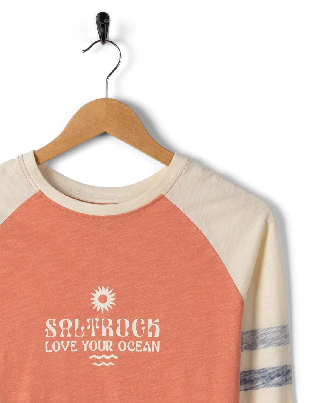 T-shirt with 'Saltrock Love Your Ocean' text on a hanger against a white background