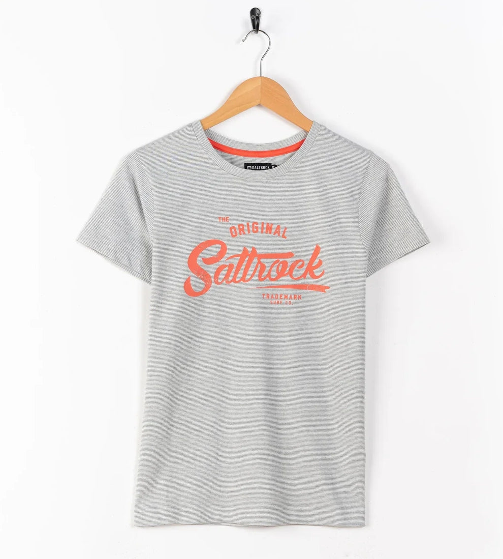 Saltrock womens tee grey featuring a bold orange logo on soft cotton fabric