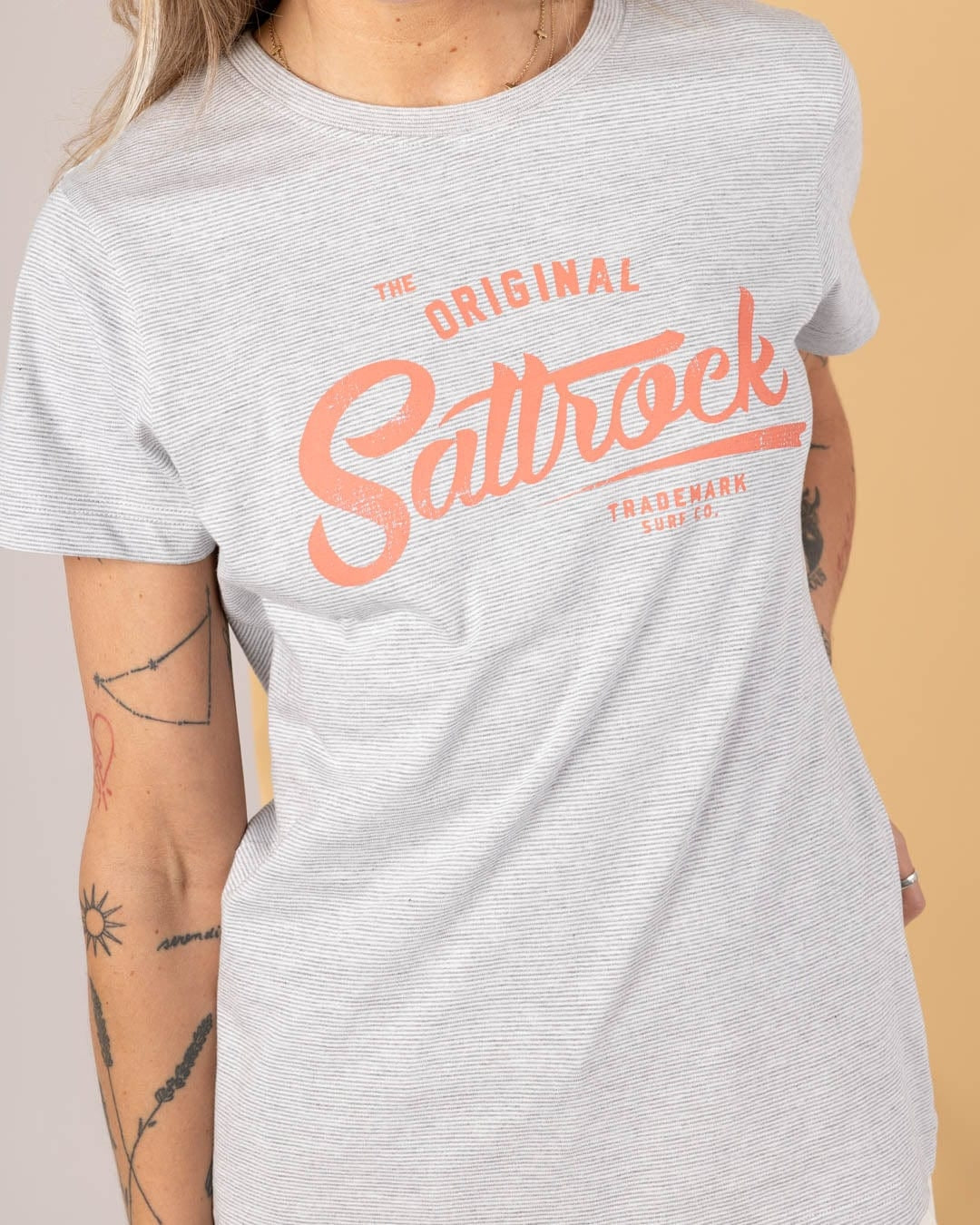 Saltrock womens tee grey featuring a bold vintage logo in coral for casual style
