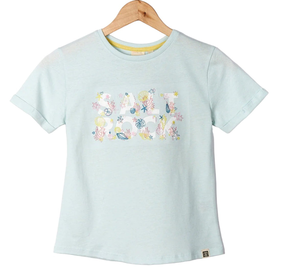 Saltrock kid's Seabed short sleeve tee in Light Blue with logo print on the front with embroidered starfish, seaweed and shells.