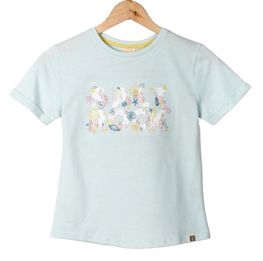 Saltrock kid's Seabed short sleeve tee in Light Blue with logo print on the front with embroidered starfish, seaweed and shells.