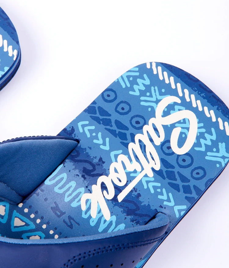 Saltrock men's blue Mark padded strap flip flops with Aztec style print and logo footbed.