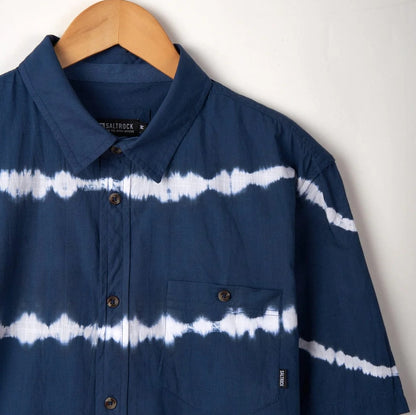 Men's Saltrock collared button through Ocean short sleeve shirt in blue and white stripe tie dye pattern.