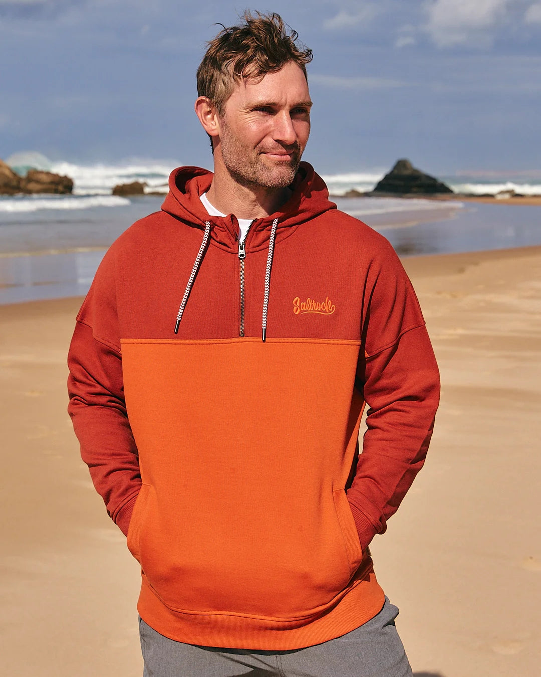Saltrock Mens Speed Embroidery 1 4 Zip Neck Hoodie Light Red Salt Cellar Clothing